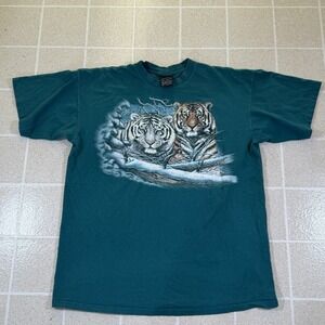 VINTAGE 1994 SINGLE STITCH SNOW SIBERIAN TIGERS T-SHIRT vtg lion HABITAT green